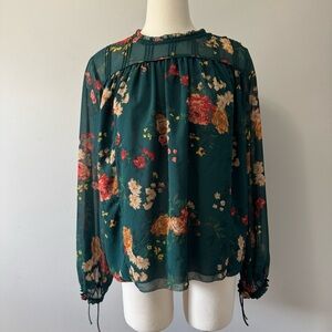Aritzia Wilfred Green Floral Blouse with Red and Cream Details SZ Large